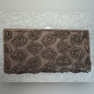 Vintage Lodis Brown Rosette Floral Clutch Wallet Gold Accents